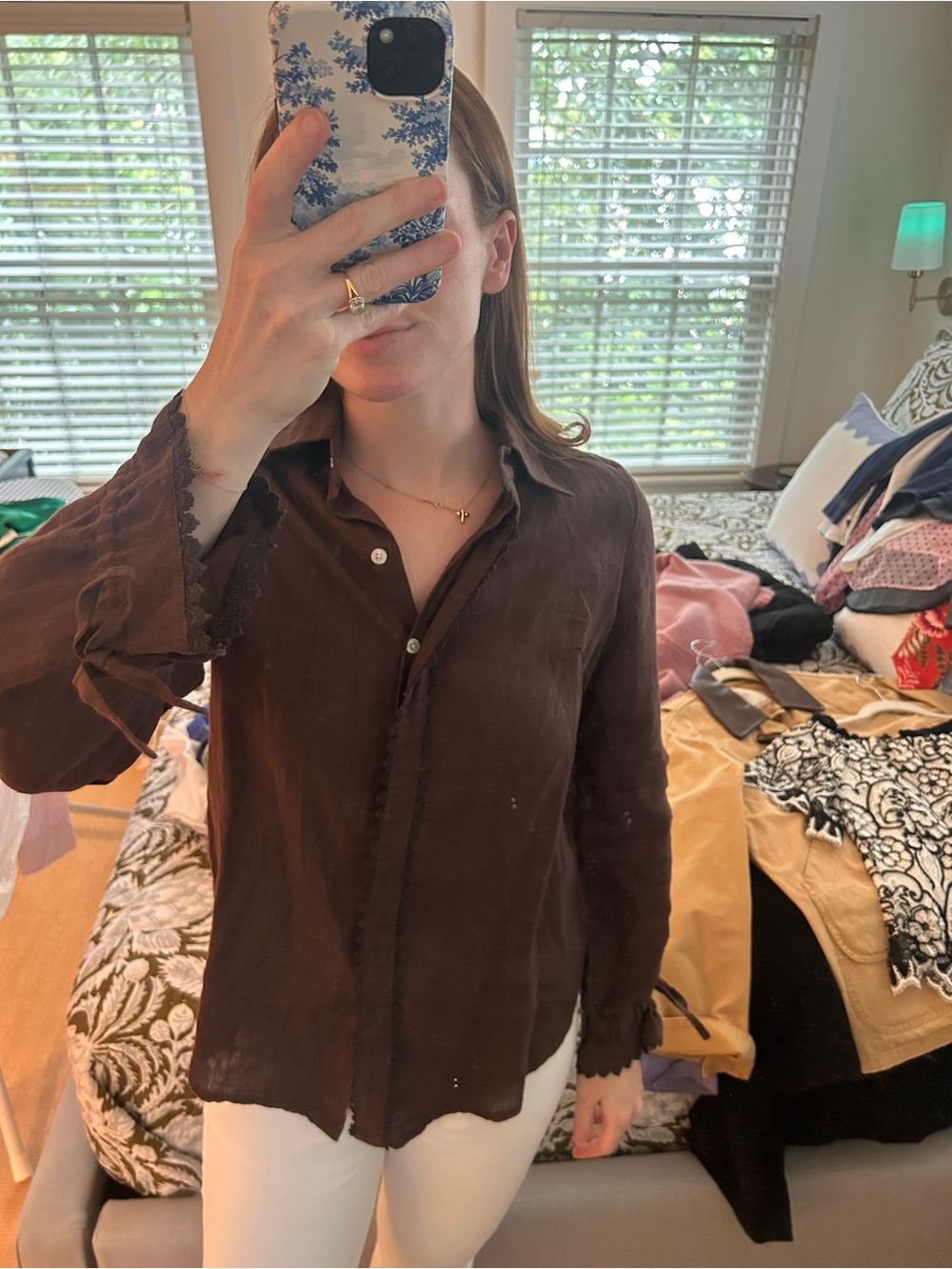Women’s Brown Button-Down Shirt with Lace Trim